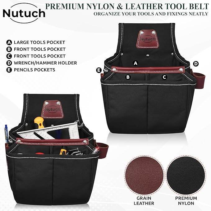 Nylon and Leather Tool Belt | Nylon Tool Pouch | Carpenter | Construction | Framers | Electrician Tool Belts | Drywall Tool Bags (BLACK)