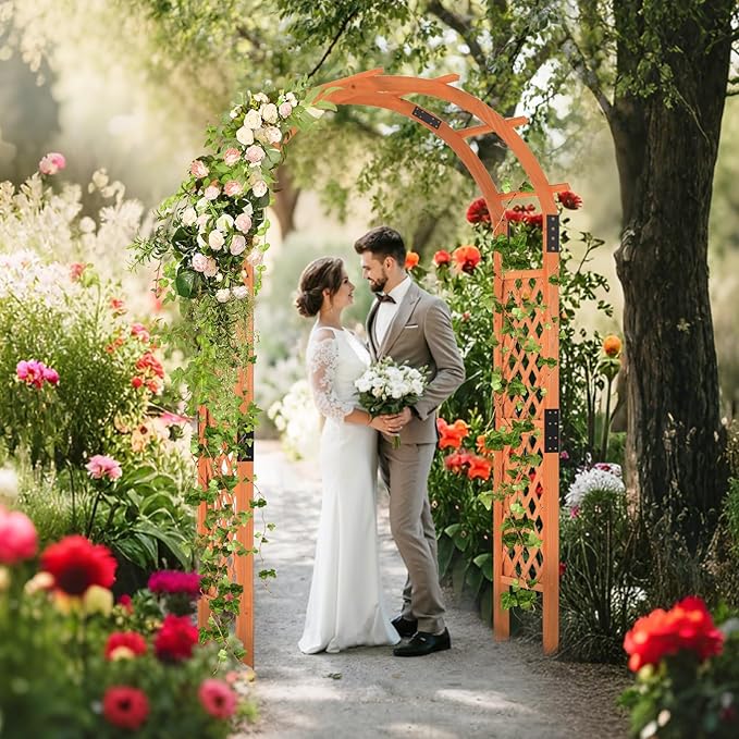 7.7ft Garden Arch, Wooden Wedding Arch with Top & Side Trellis, Garden Arbor Trellis for Climbing Plants Outdoor, Backyard & Lawn