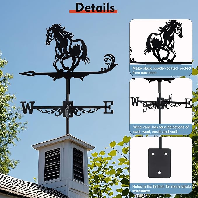 Black Metal Weathervane,Stainless Steel Horse Weather Vane Roof Mount, Wind Direction Indicators Wind Measuring Tool Outdoor, Wind Vane Ornament Decoration for Shed Garden Yard Farmhouse Patio Decor