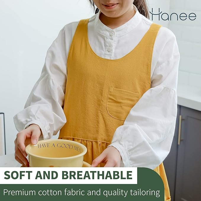 HANEE Cross Back Aprons for Women with Pockets | Japanese Style Cotton Apron | Cute Pinafore Smock for Kitchen etc (6 Colors)