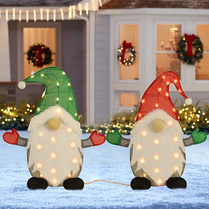WATERGLIDE Set of 2 Lighted Christmas Tinsel Gnomes Decorations, 24 Inch Pre-Lit Light Up 2D Stacked Gnome with Incandescent Lights, Indoor Outdoor Festive Xmas Holiday Garden Yard Lawn Decor
