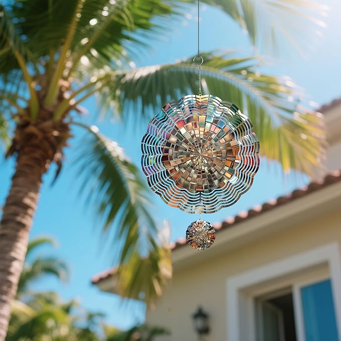 Wind Spinners Outdoor, Silver Mosaic Modern 3D Stainless Steel Wind Sculpture Spinner for Garden Outside Hanging Decor Mother's Day Christmas Birthday Gifts for Women Men Mom Nana 9.8 in