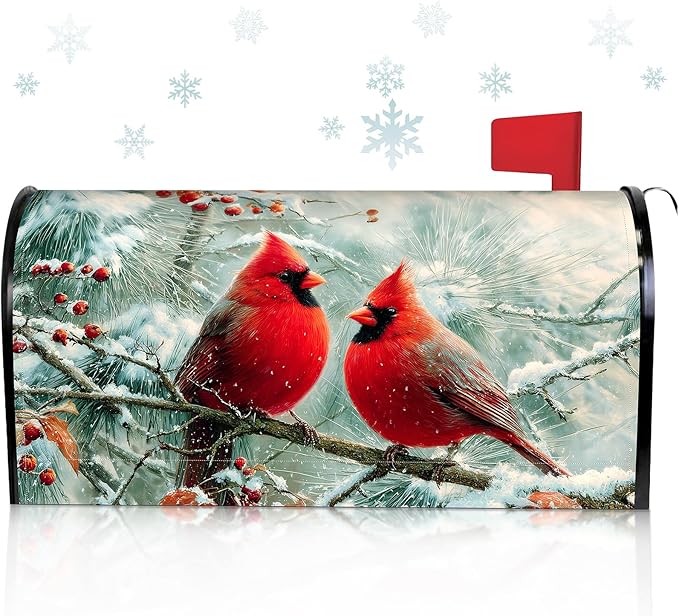 Blosssound Christmas Mailbox Cover Magnetic Standard Size 21 x 19 Inch, Winter Mailbox Cover Xmas Tree Decorative Post Letter Box Decor for Garden Yard Outdoor (Cardinal)
