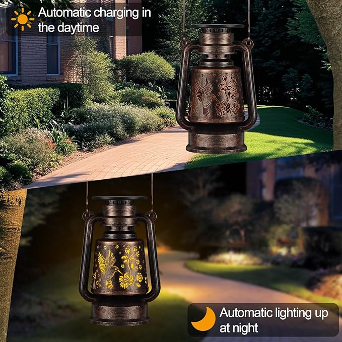 Solar Lantern Outdoor Vintage Hanging LED Waterproof Camping Light with Beautiful Graphics Landscape Decor for Yard,Patio,Porch,Lawn,Tabletop(Hummingbird)
