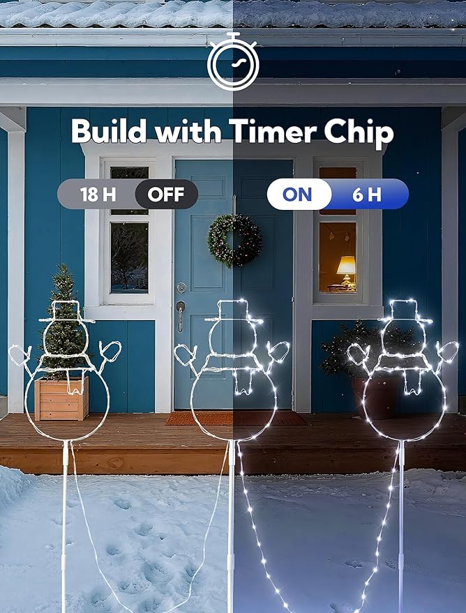 Christmas Walkway Lights,200LED White Christmas Decorations Pathway Lights Plug in,Timer 8 Mode Snowman Garden Light with Stake Waterproof for Fence,Patio,Yard,Party,Xmas Decor-White