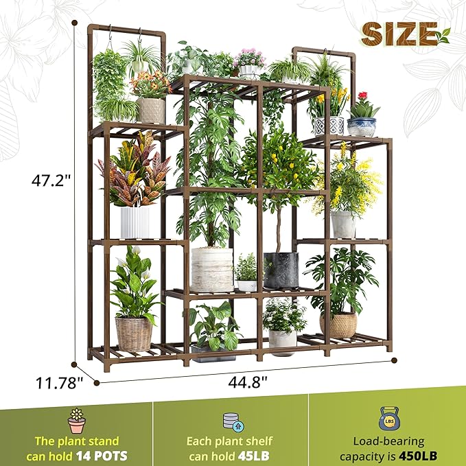 EnHomee Plant Stand Indoor Tall Plant Stand Outdoor Large Wood Plant Shelf Indoor for 14 Pots Plants,4-tiers Plant Holder for Patio Living Room Gardening Balcony 44.8" Wx47.2 Hx11.78 D