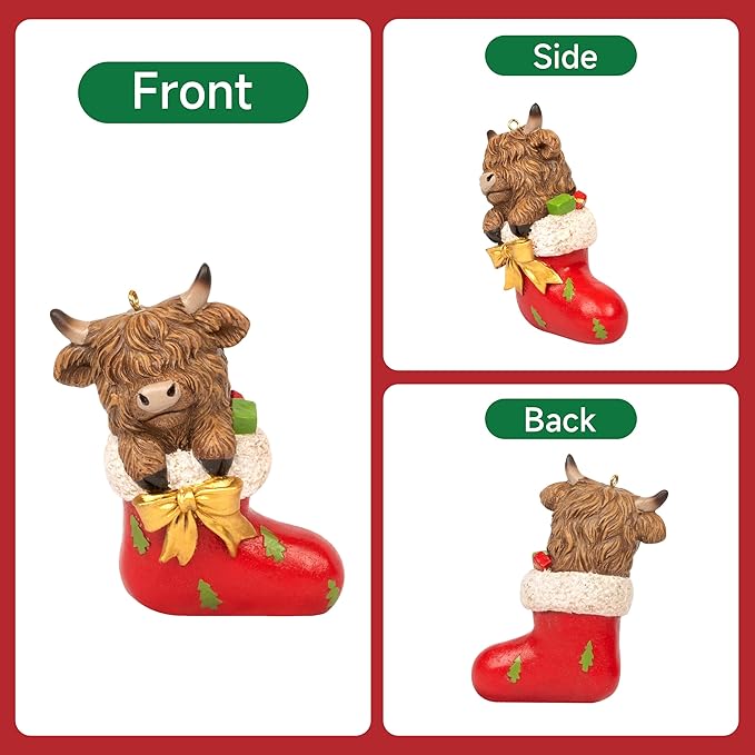 Chritmas Highland Cow Figurines Decor, 2 PCS Small Christmas Stockings Hidden Cows Gifts, Hanging Ornaments Xmas Resin Statue for Garden Bathroom Kitchen Home Table Decorations