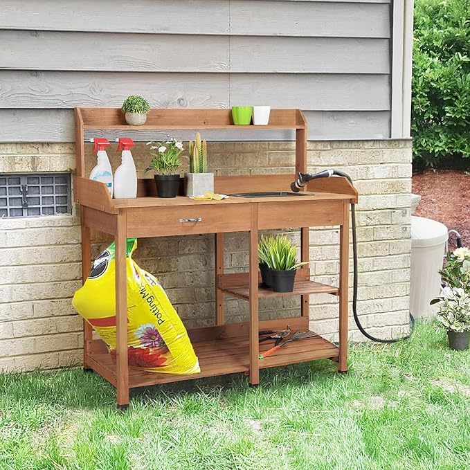 Topeakmart 45.2x17.7x47.6'' (LxWxH) Potting Benches Outdoor Garden Potting Table Work Bench with Removable Sink Drawer Rack Shelves Work Station, Brown