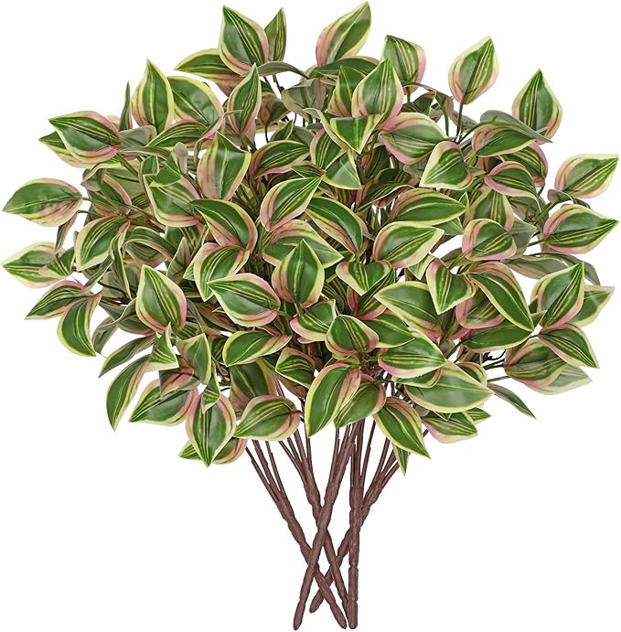 Hollyone 5 Bundles Artificial Greenery Plants Stems Faux Wandering Jew Leaves Plant Bouquet Fillers for Arrangement, Fake Shrub Bushes Plants for Home Centerpiece Indoor Outdoor Garden Patio Porch