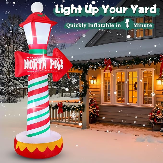 FunFanso 6FT Christmas Inflatables North Pole Road Sign Outdoor Decoration, Blow Up Street Lamp with Built-in LED Lights, Santa Claus Arctic Road Sign for Holiday Display Lawn Garden Yard Xmas Decor