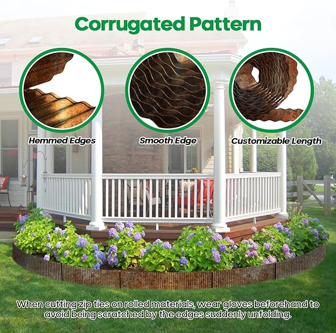 Corrugated Metal Garden Edging,Sturdy Tall Landscape Edging Borders with 6pcs Anchor Stakes, Perfect DIY for Flower Beds, Lawn and Pathway,Tree Surrounds,Paver Edges (Pre-Rusted 10"×20FT)
