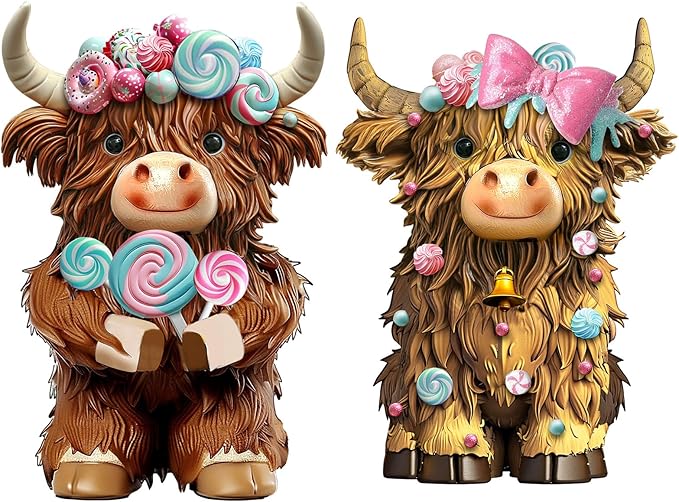 2 Pack Christmas Highland Cow Resin Figurine Decor Macarons Candy Theme Highland Cow Gnomes with Candy Christmas Resin Statue for Garden Table Shelf Kitchen Home Decor Calf Gnome Herd Gifts