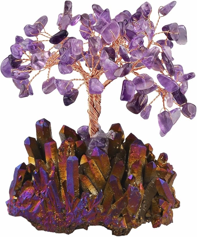 mookaitedecor Amethyst Crystal Tree, Quartz Cluster Purple Titanium Crystals Base Bonsai Money Tree for Wealth and Luck