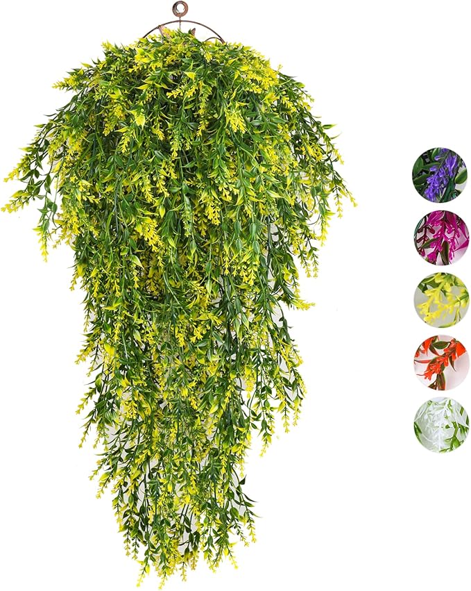 RECUTMS Artificial Hanging Plants Lavender, 4 Pack Outdoor Indoor Flowers for Outside House Office Garden Patio Decor (Yellow)