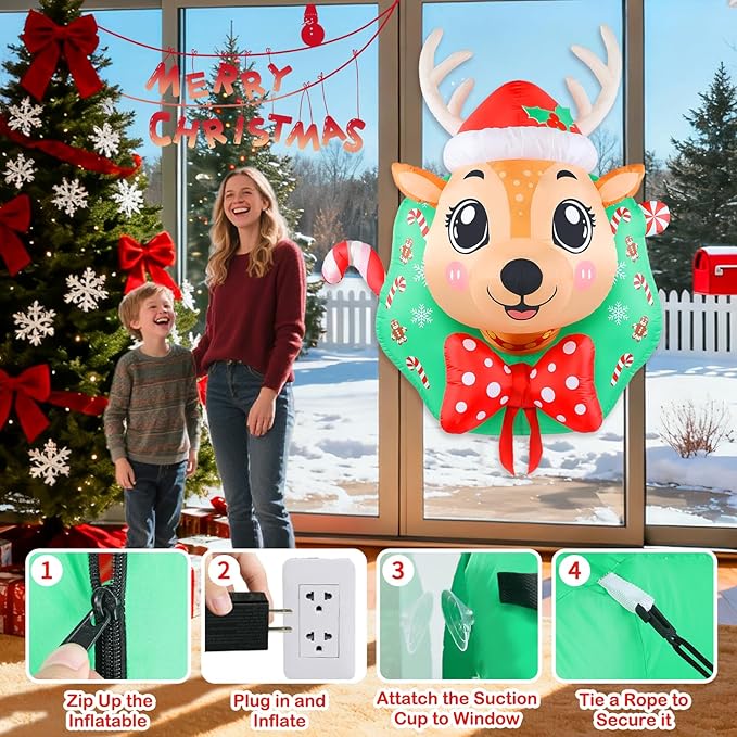 5FT Christmas Reindeer Inflatable Outdoor Yard Decoration Blow Up Inflatables Window Wreath with LED Lights for Xmas Holiday Décor
