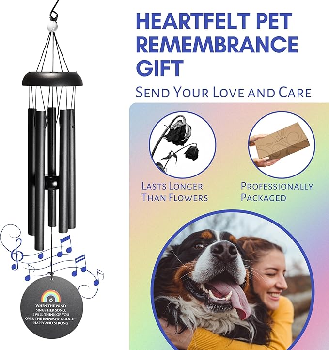 Rainbow Bridge Dog Memorial Gifts – Pet Memorial Wind Chimes, Loss of Dog Sympathy Gift - Black 22"