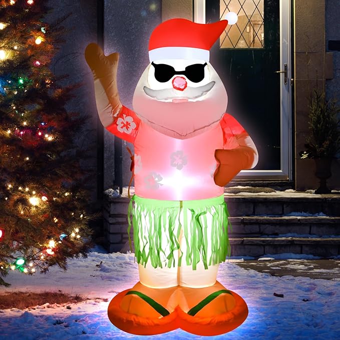 4FT Christmas Inflatable Santa Claus Holiday Decoration,Fun Xmas Santa Blow up Decor for Indoor Outdoor Yard Garden Lawn Party, Hawaii Theme Santa Wear Colorful Shirt Cool Sunglasses