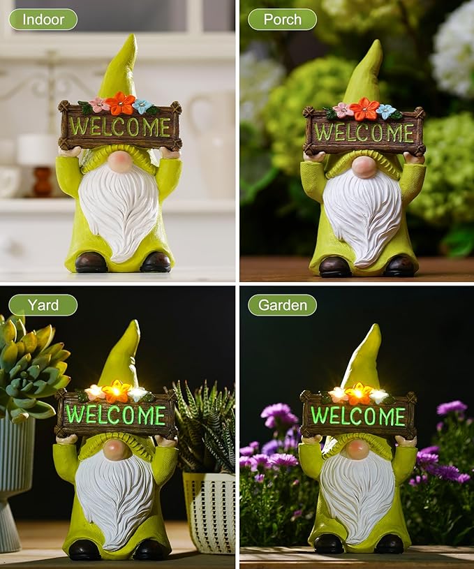 Nacome Solar Gnome Statue for Garden Decor: Outside Sculpture with Flower Welcome Sign Clearance for Yard Art Lawn Ornaments Porch Patio Balcony - Birthday Gifts for Grandma Mom Women(Green)