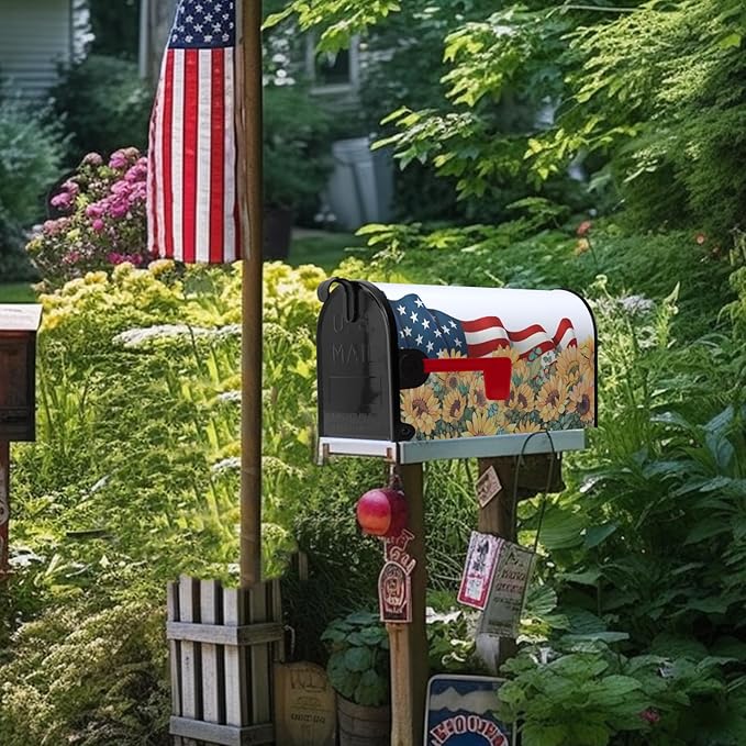 Patriotic Mailbox Cover Magnetic Large Size Summer July 4th Mailbox Wrap America Flag Flower Letterbox Cover USA Independence Day Floral Mail Box Covers Outdoor Decor Oversized 25.5 X 21 Inch