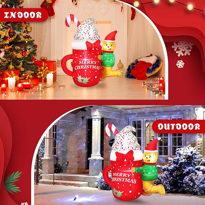 5FT Inflatable Gingerbread Men Christmas Decoration Blow Up Elf with Ice Cream Merry Christmas Printed Decor for Holiday, Party, Winter Festive Ornaments Indoors Outdoors Lawn, Yard, Garden