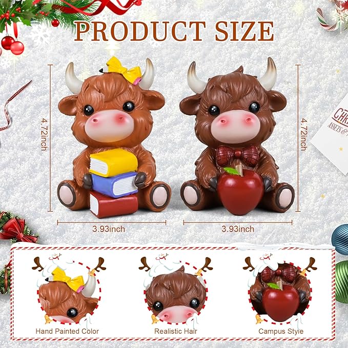 2PCS Cute Highland Cow Figurine Resin Cow Gnomes Statue for School Classroom Highland Cows Desk Decoration Book Shelf Decor Kids Students Book Lover Gifts