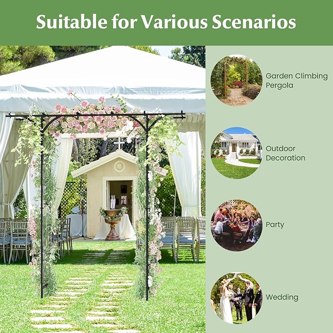 LDAILY Wedding Arch, 6.8FT Rustproof Metal Garden Arbor with Extended Roof & 4 Stakes, Outdoor Plant Support for Vines Roses, Decorative Trellis for Climbing Plants Outdoor for Lawn Wedding Ceremony