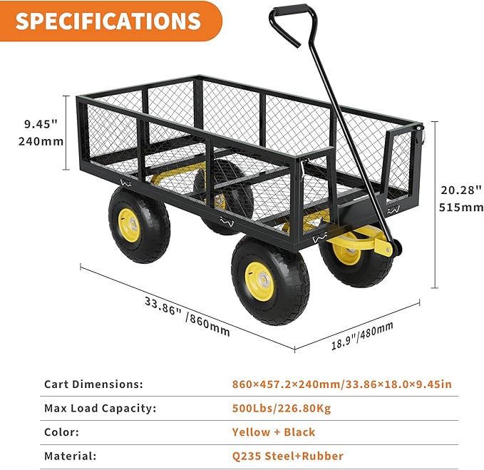 Metal Wagon - 500lbs Garden Cart with 10" Multi-Terrain Tires, 4 Removable Mesh Sides & 180° Swivel Handle, Yard Wagon Cart for Lawn, Yard, Patio Gardening