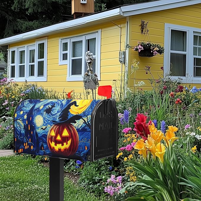 Halloween Mailbox Covers Magnetic Standard Size 21x18 inch Pumpkin Lanterns Post Letter Box Cover Scary Night Mailbox Wrap Castle Witch Forest Fall Autumn for Outside Garden Yard Decor
