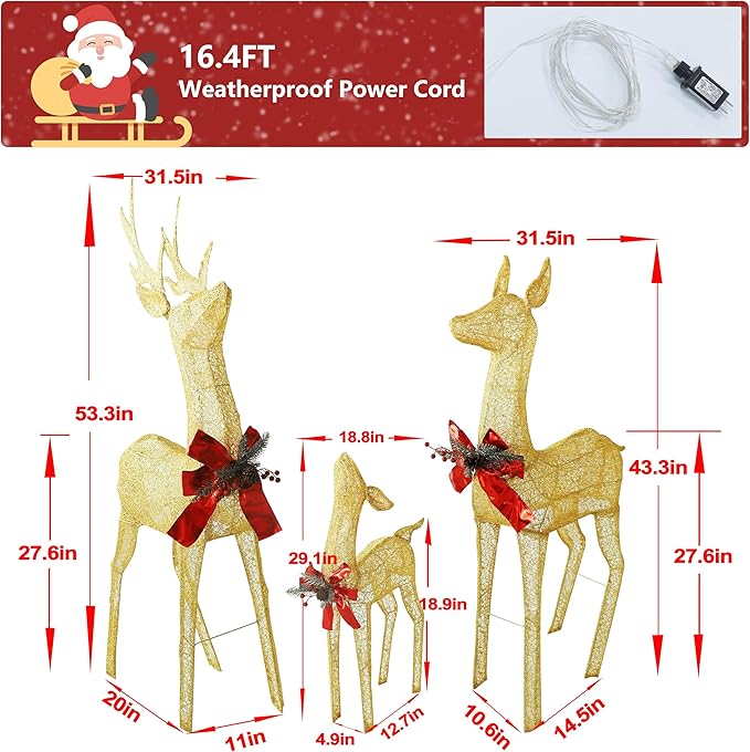 MUPATER Outdoor Christmas Decorations Lighted Deer Family Set Indoor, Christmas Holiday Yard Decor 3-Piece Moose Set for Lawn and Party with Lights, Ground Stakes and Zip Ties, Gold