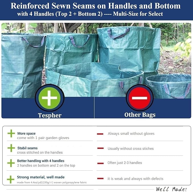 Standard 2-Pack 46 Gallon Yard Garden Bags (D26, H19 inch) with Gloves for Yard Waste Bags,Lawn Debris,Weeds Bag,Recycle Bin,Laundry Container,Camping Waste Bin,Lawn Grass Clippings,Leaf Bag 4 Handles