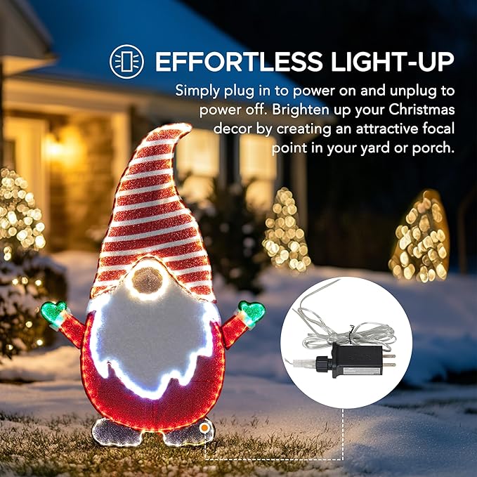 SUNJOY Large 4 FT Christmas Lighted Gnome, Eye-Catching 2D Tinsel Santa Gnome Outdoor Garden Yard Lawn Big Festive Holiday Decoration with Lights for Indoor & Outdoor