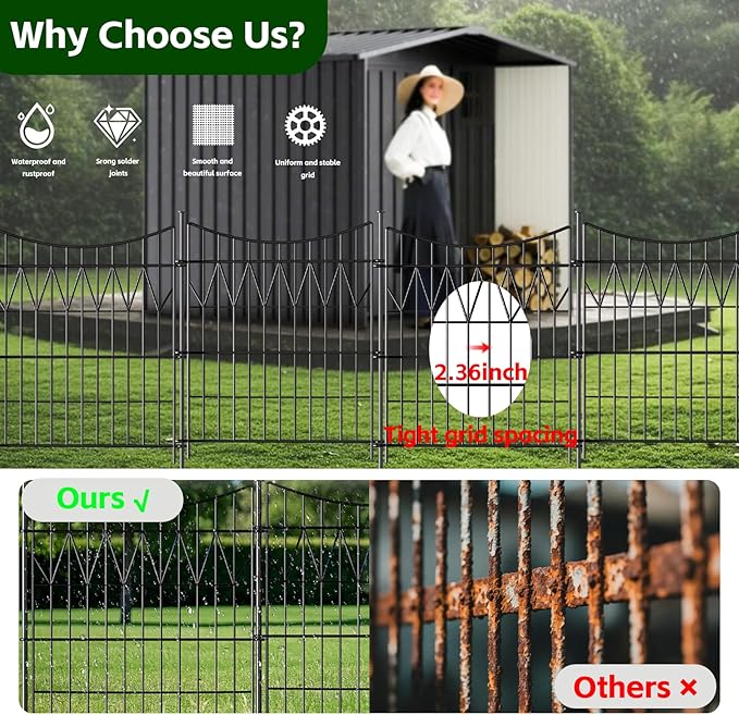 6 Panels Garden Fence Animal Barrier, 32in(H)×13.5ft(L) Rustproof Metal No Dig Fence | Reusable Decorative Garden Fence Border with Extra-Long Ground Stakes | Temporary Dog Fence for Yard, Black