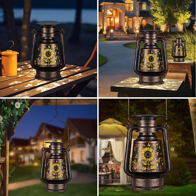 Solar Lantern Outdoor Hanging Vintage LED Waterproof Camping Light with Beautiful Graphics Landscape Decor for Yard,Patio,Porch,Lawn,Tabletop(Sunflower + Bee)