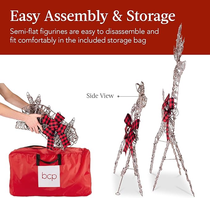 Best Choice Products 4ft 3-Piece 2D Lighted Christmas Deer Family Set, Large Outdoor Yard Reindeer Holiday Decoration with 175 LED Lights, Stakes, Zip Ties - Rattan