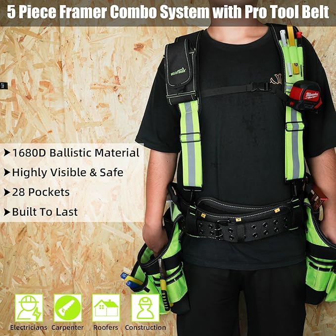 MELOTOUGH Reflective Safety Tool Belt with Suspenders Tool Bag Supenders Framers Comb Apron Construction Tool Pouch Builder Heavy Duty Carpenter Suspension Rig for Electrician, Roofing
