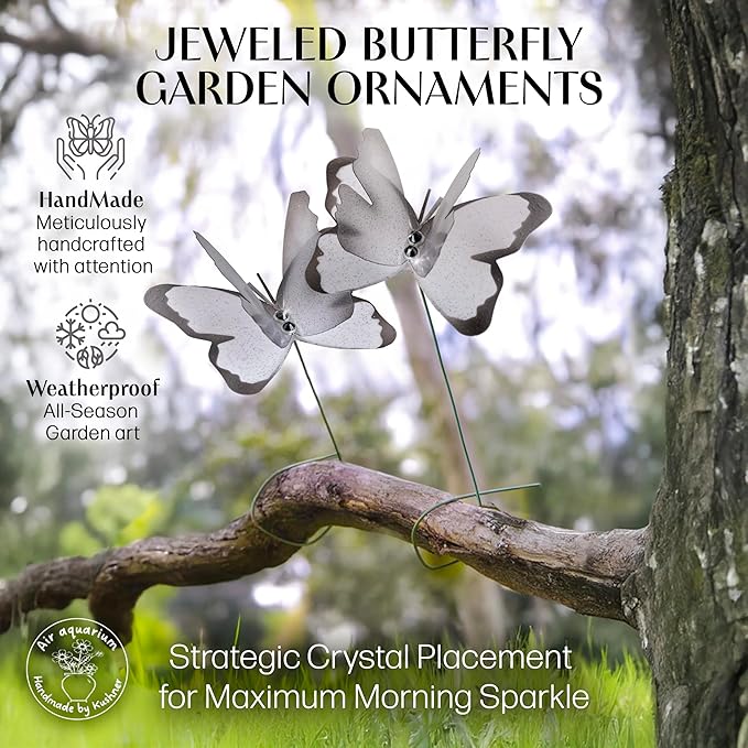 Handmade White Butterfly Garden Stakes Set of 7 - Decorative Outdoor & Indoor Plant Decor - Nature Lover Gift Idea by Air Aquarium Kushner