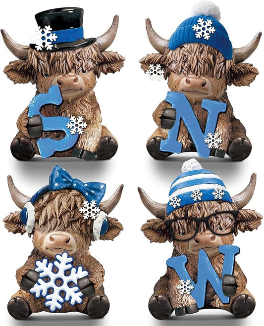 Sosation 4 Pcs Winter Snow Highland Cow Figurines Christmas Snowflake Highland Cow Gnomes Snowy Scottish Resin Statue Calf Gifts for Winter Home Garden Kitchen Office Tiered Tray Table Decor