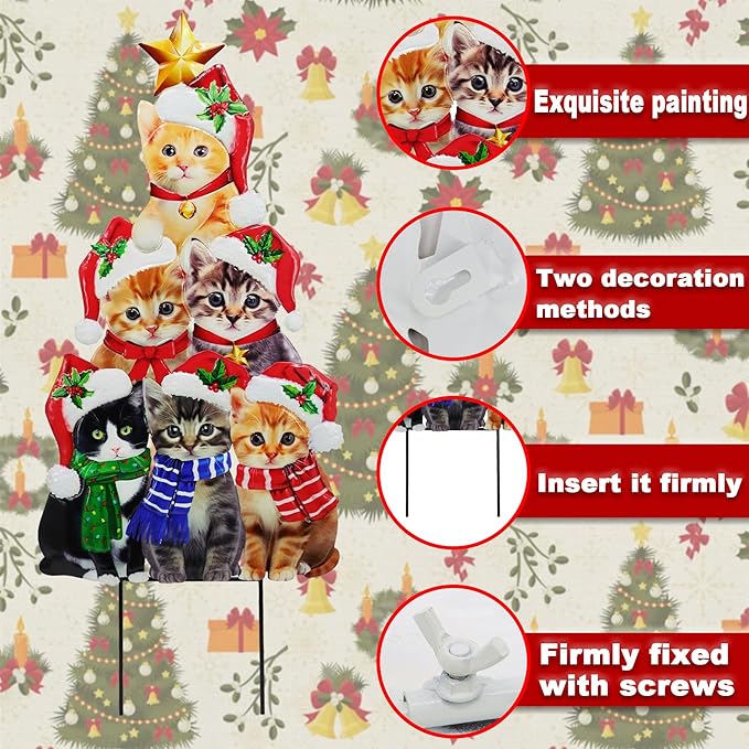 Cute cat Garden Insert, Christmas Art Decoration Yard Sign, Santa hat-Wearing Post, cat Stacking Fun Christmas Tree-Shaped pet Post, Outdoor Lawn Decoration