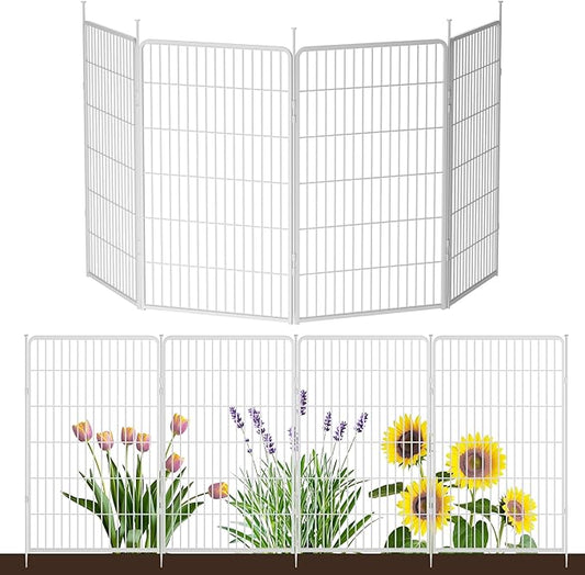 SunsGrove Garden Fence 45 in(H) x 8.9 ft(L) 4 Panels, Heavy Duty Metal Animal Barrier Fence for Dogs, Easy No-Dig Setup, Decorative Dog Fences, White