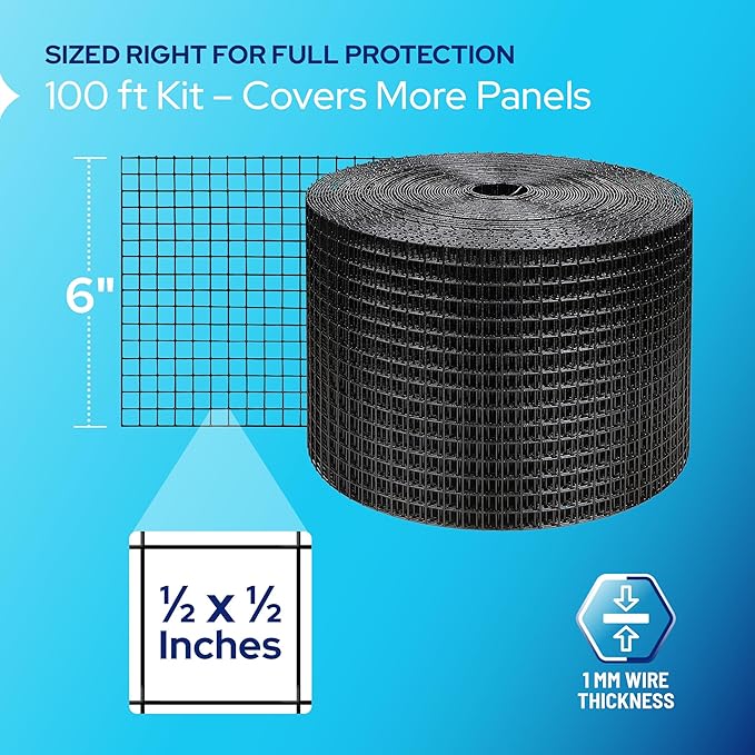 KastLite Solar Panel Bird Guard Mesh Kit - 6in x 100ft PVC Coated Galvanized Wire Screen with 100 Stainless Clips, Pliers & Gloves - No Drill Critter & Rodent Barrier Fence for Under Panels, Black