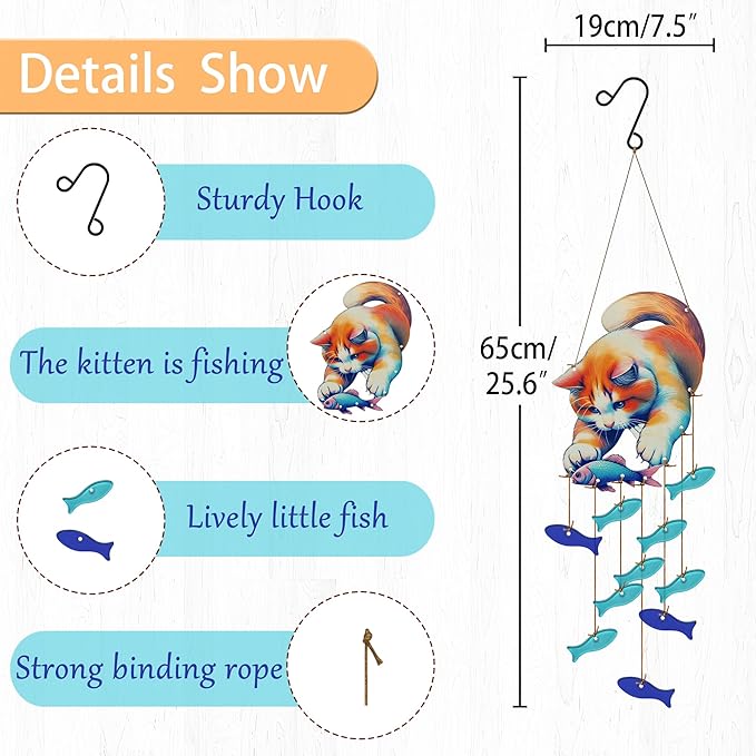 Cute Kitten Fish Wind Chimes for Outside, Handcrafted Windchimes Outdoors Unique,Suncatchers Sea Glass Art Windchimes Outdoors, Patio Beach Hanging Outdoor Home Garden Decor, Memorial Gifts for Women