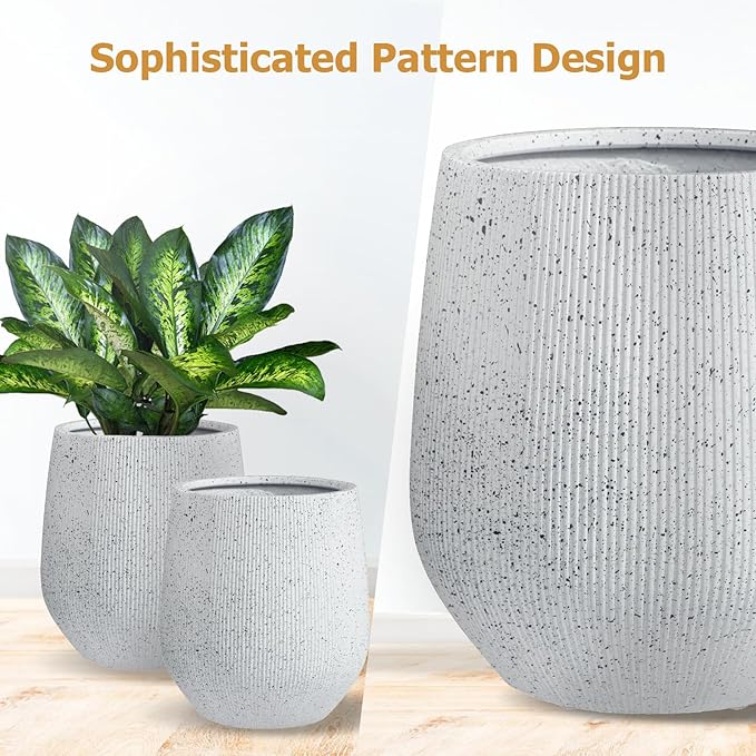 12.5"H x 11.5"D Ribbed Corso Fiberstone Round Planter, Christmas Tree Planter, Weather Resistant for Indoor & Outdoor Use, Included 2 Extra Coco Mats (Ribbed Speckled White, 9" Pot Opening)