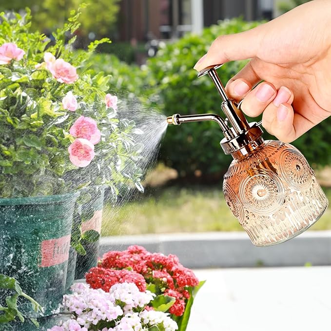Glass Plant Mister Spray Bottle, Vintage Plant Spritzer, Succulent Watering Bottle Glass with Top Pump, Small Plants Sprayer Watering Can for Indoor Outdoor House(Brown and White Gradient Color)