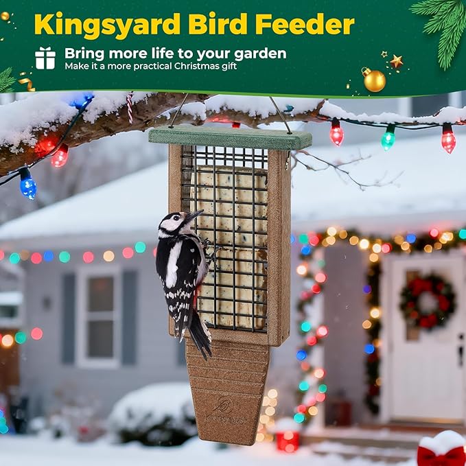 Kingsyard Recycled Plastic Suet Bird Feeder, Double Capacity Tail-Prop Suet Feeder for Outside Hanging, Sturdy & Durable, Great for Woodpecker & Clinging Birds, Green