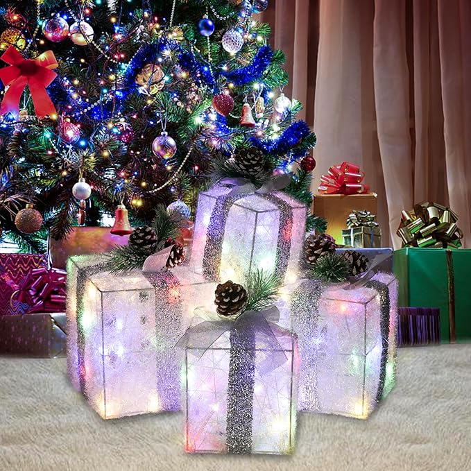 Christmas Lighted Gift Boxes, Pre-lit Lights Gift Boxes Set of 4, Light up Present Boxes Set Battery Operated with Different Sizes for Holiday Indoor Outdoor Decorations(Multi-Colored)