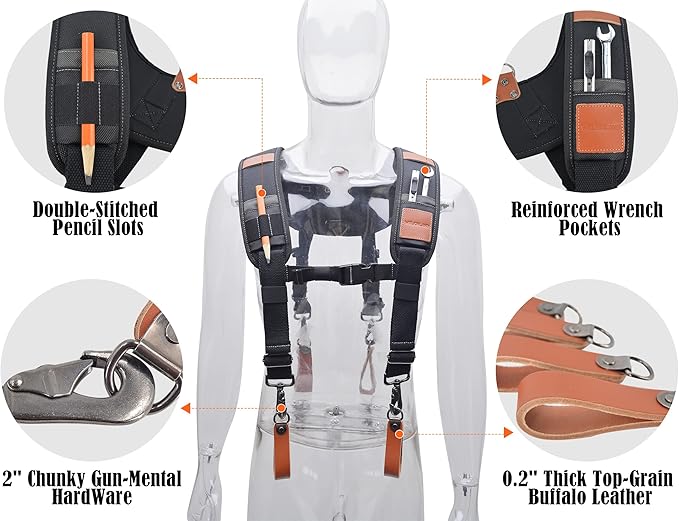WELKINLAND Heavy-Duty leather tool belt suspenders, Leather tool bag suspenders, Carpenter suspenders, Construction tool belt for men