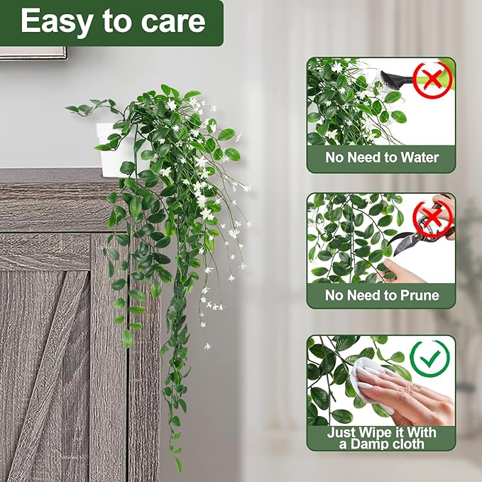 Artificial Hanging Plants, 2Pcs Fake Ivy Vine Artificial Ivy Leaves with White Flowers for Wedding Wall House Room Patio Indoor Outdoor Home Office Decor White