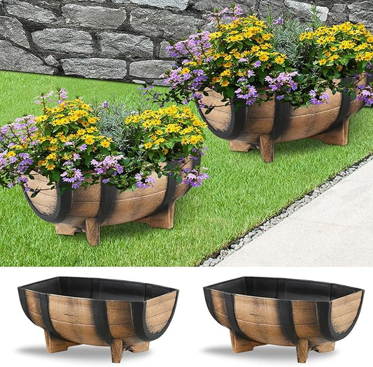 YI 2 Pack Rustic Half Barrel Planters, 16.34x11.81x7.28 Inches Plastic Weather Resistant Plant Flower Pot Indoor & Outdoor Garden Planter