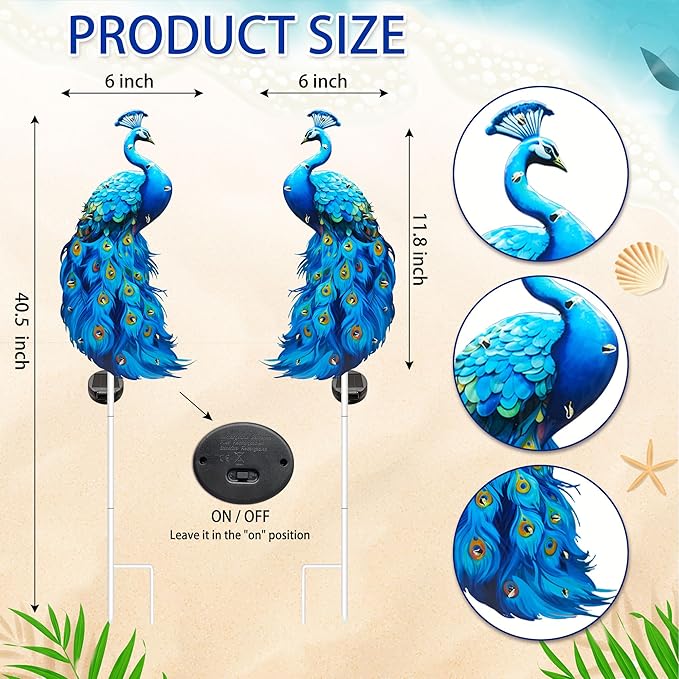 Hexagram Peacock Garden Decor, Peacock Solar Garden Stakes Set of 2, Metal Blue Waterproof Solar Decorative Lights Decorations for Outdoor Outside Yard Lawn Porch Patio Pathway 11.8x6 Inch