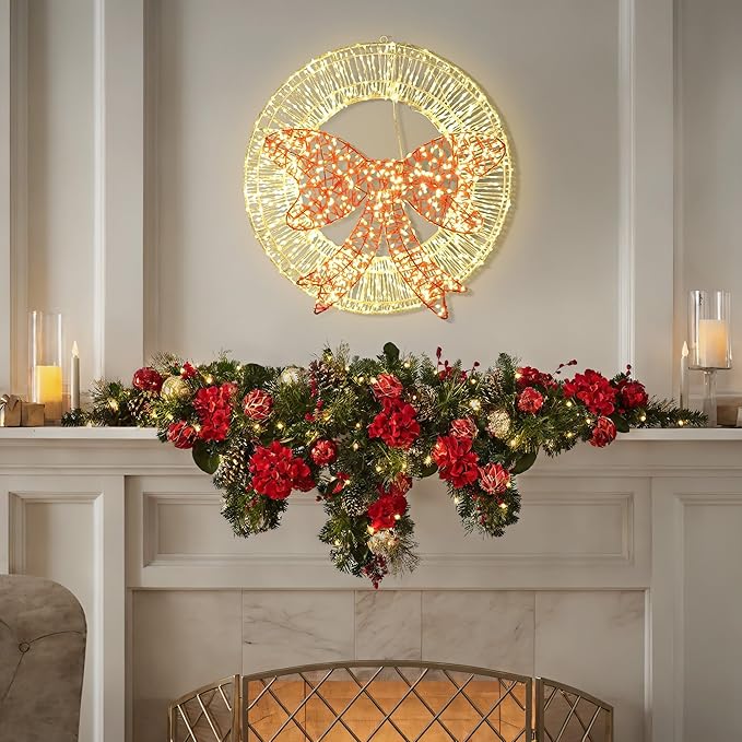 LuxenHome 1.5Ft Lighted Christmas Wreath, Christmas Outdoor Decorations, Large Wreath with LED Lights, Red Bow Wreath for Indoor, Lawn, Yard, Garden, Holiday Decor